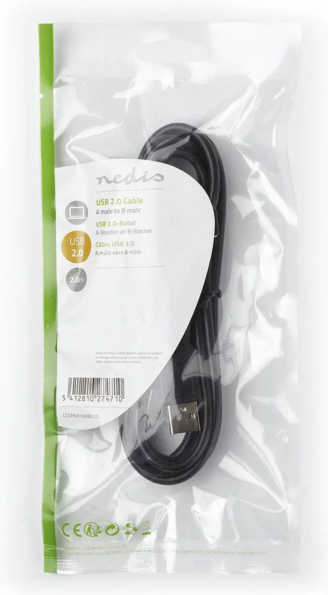 Nedis USB 2.0 A-B Kabel 2m - 10W 480Mbps - Zwart