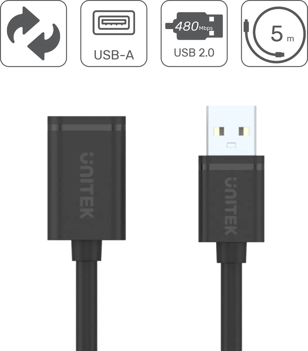 UNITEK Y-C418GBK USB-kabel 2.0 5m - USB-A - Zwart