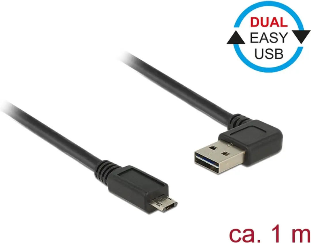 Delock Easy-Micro naar Easy-USB-A Haaks Kabel USB2.0 2A - 1m - Zwart