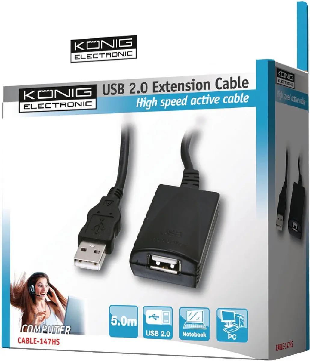 Konig USB 2.0 Verlengkabel 5m - Zwart