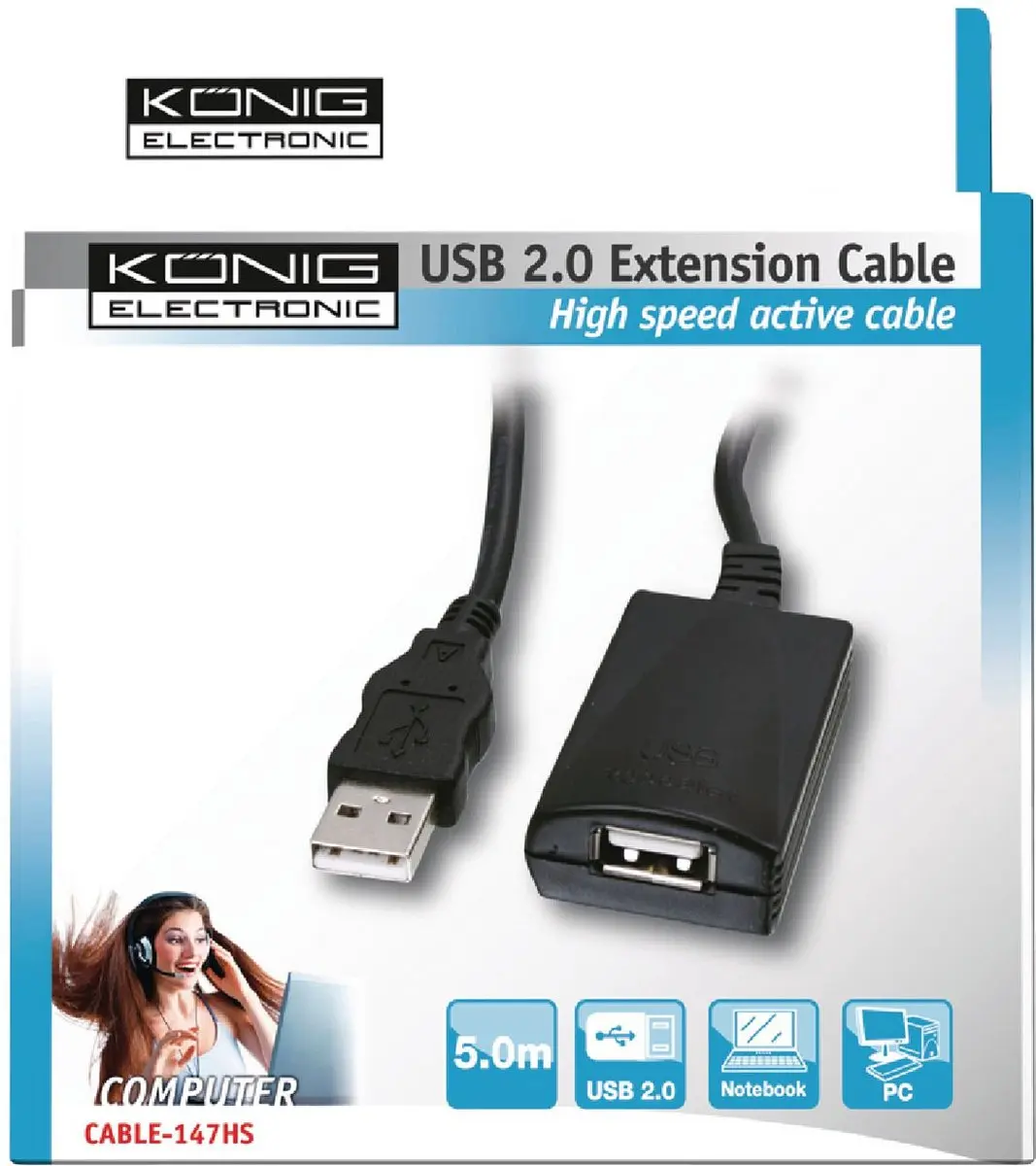 Konig USB 2.0 Verlengkabel 5m - Zwart