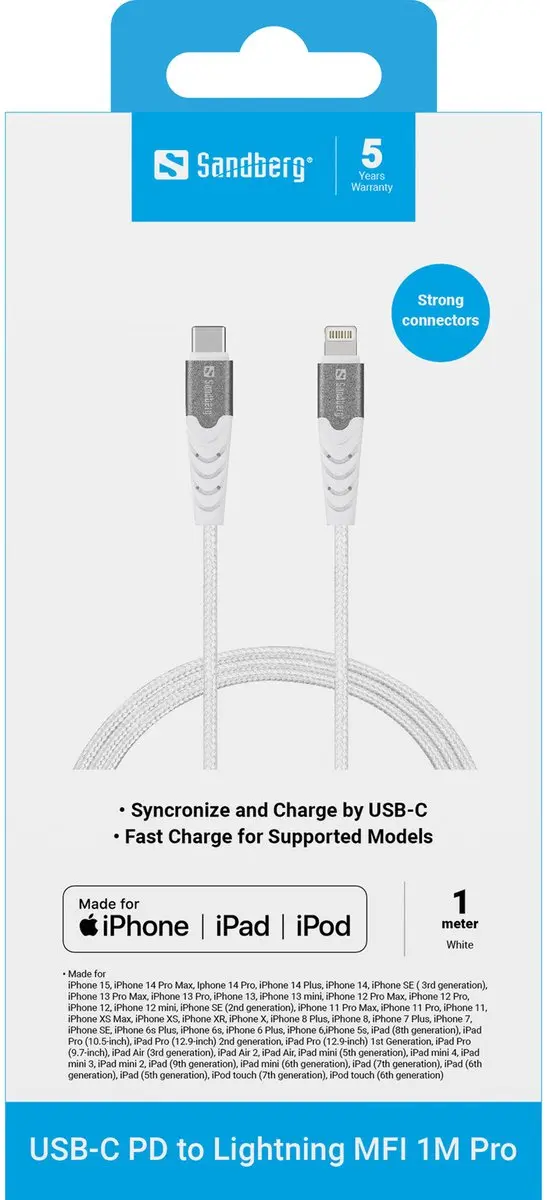 Sandberg 136-25 USB-C naar Lightning Kabel 1M - Wit