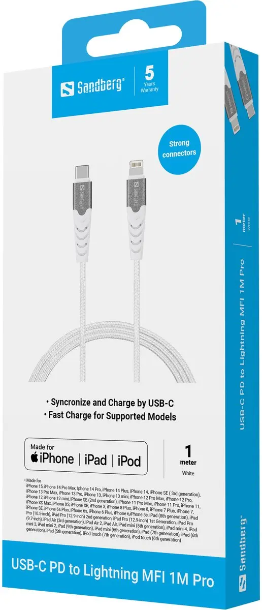 Sandberg 136-25 USB-C naar Lightning Kabel 1M - Wit