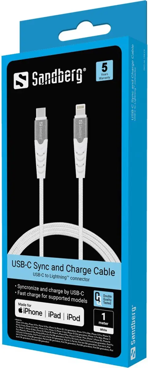 Sandberg 136-25 USB-C naar Lightning Kabel 1M - Wit - afbeelding 6 van 6