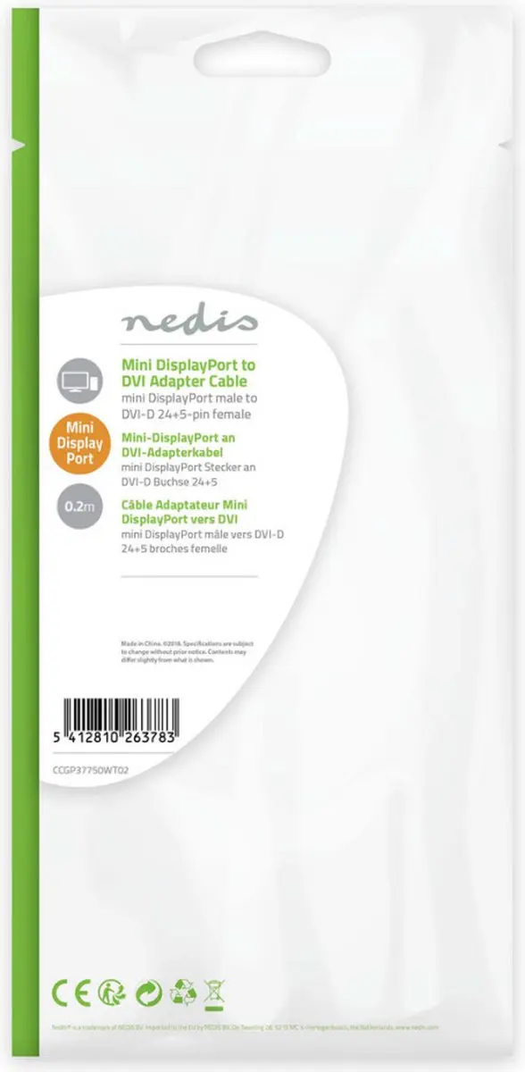 Nedis Mini DisplayPort naar DVI-I Kabel 21.6Gbps 0.2m - Wit
