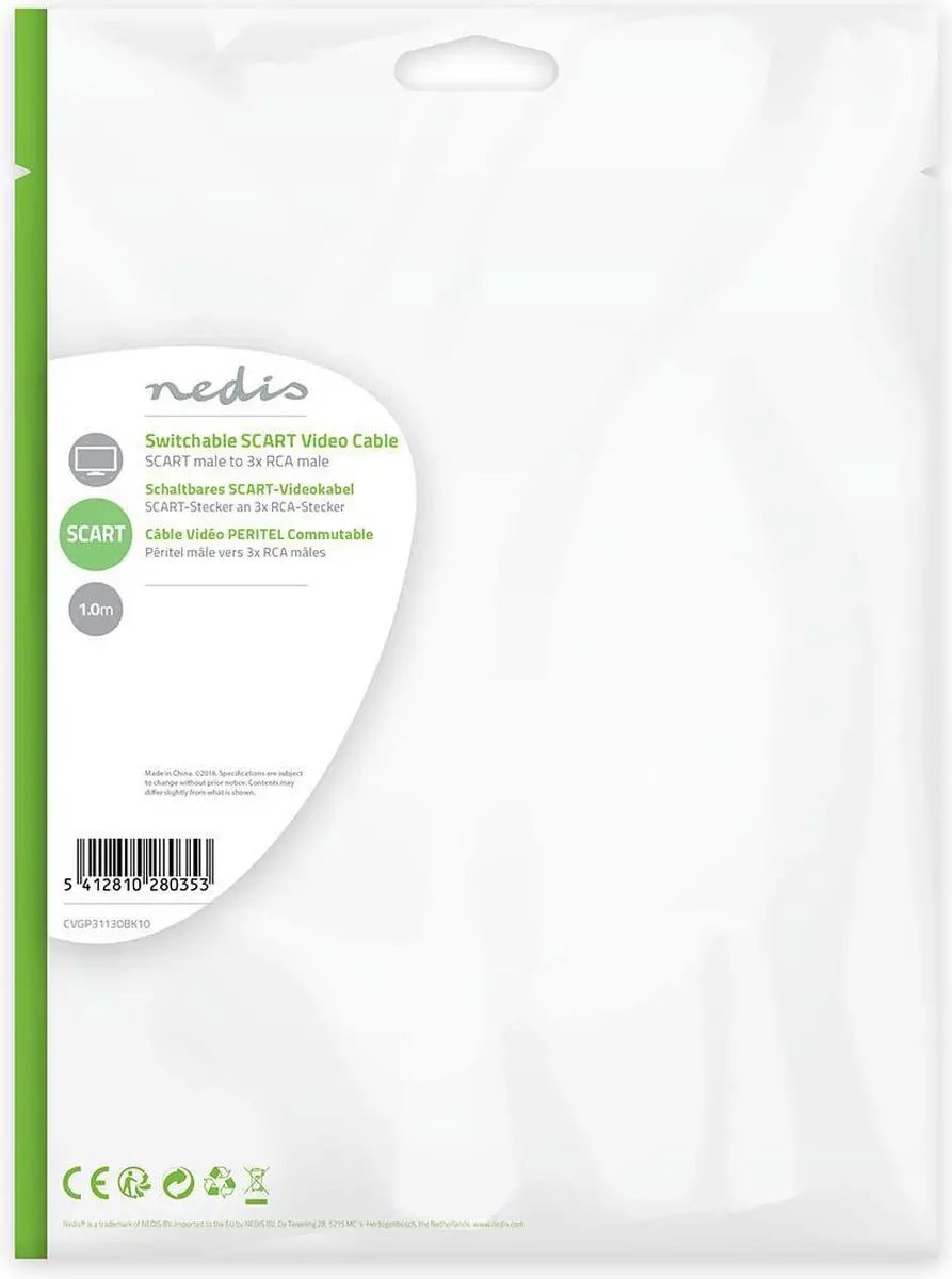 Nedis SCART Kabel CVGP31130BK10 - 1m - 3xRCA - Zwart
