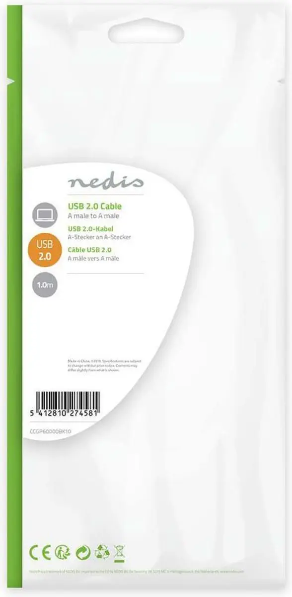 Nedis USB 2.0 A-A Kabel 1m - Zwart