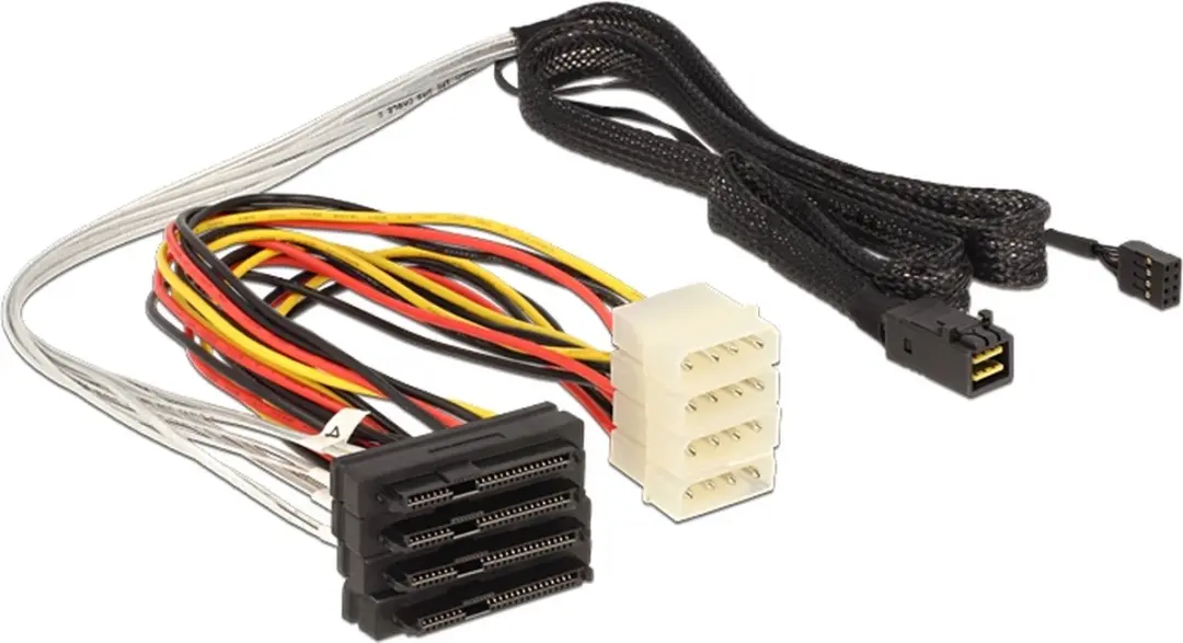 Delock Mini-SAS HD SFF-8643 naar 4x SAS SFF-8482 + Sideband - 1m - Zwart