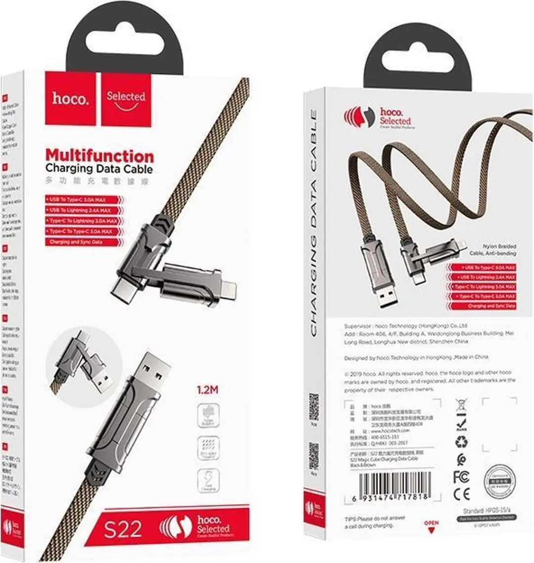 Hoco Charge&Synch 3-in-1 Kabel Micro/USB-C/Lightning 1m - Zwart & Grijs - afbeelding 6 van 6