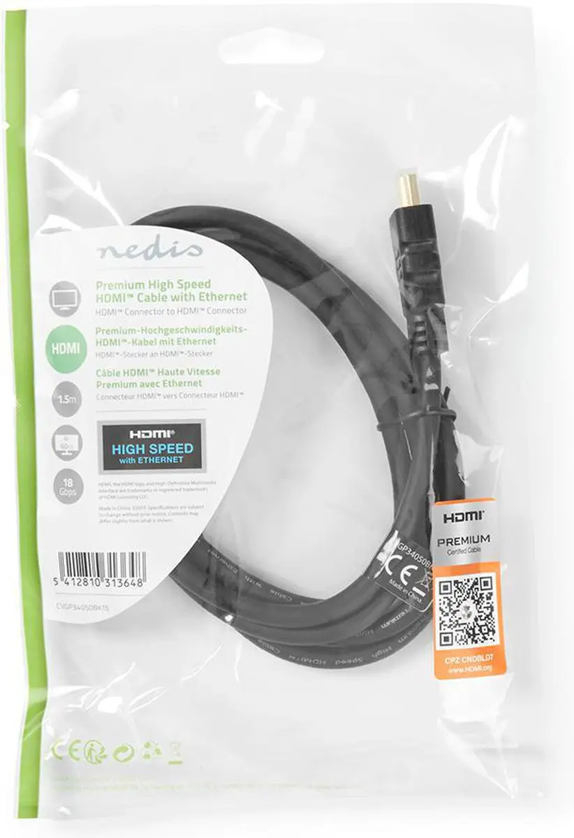 Nedis Premium HDMI-Kabel CVGP34050BK15 - 4K@60Hz 18Gbps 1.5m - Zwart