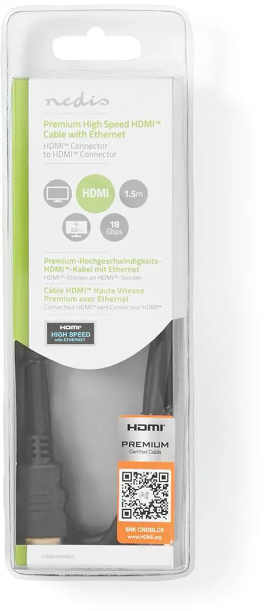 Nedis Premium HDMI-Kabel CVGP34050BK15 - 4K@60Hz 18Gbps 1.5m - Zwart