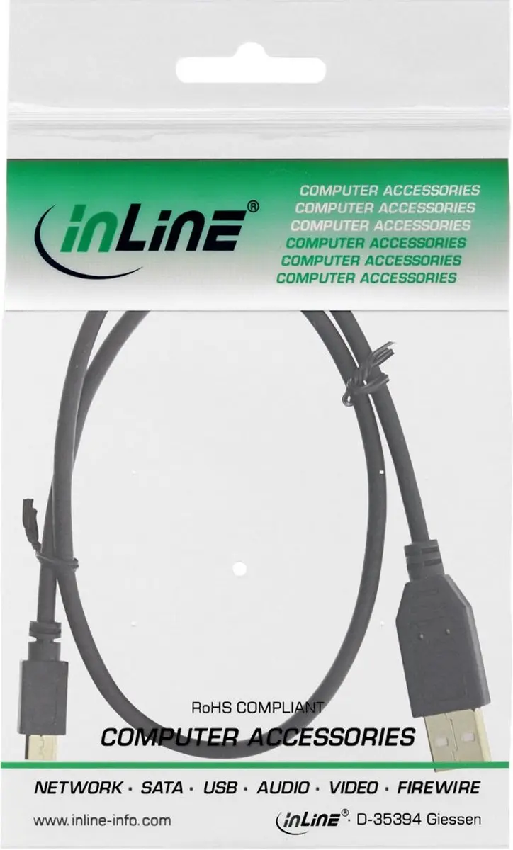 InLine Micro-USB 2.0 Kabel USB-A naar Micro-B 0,3m - Vergulde contacten - Zwart