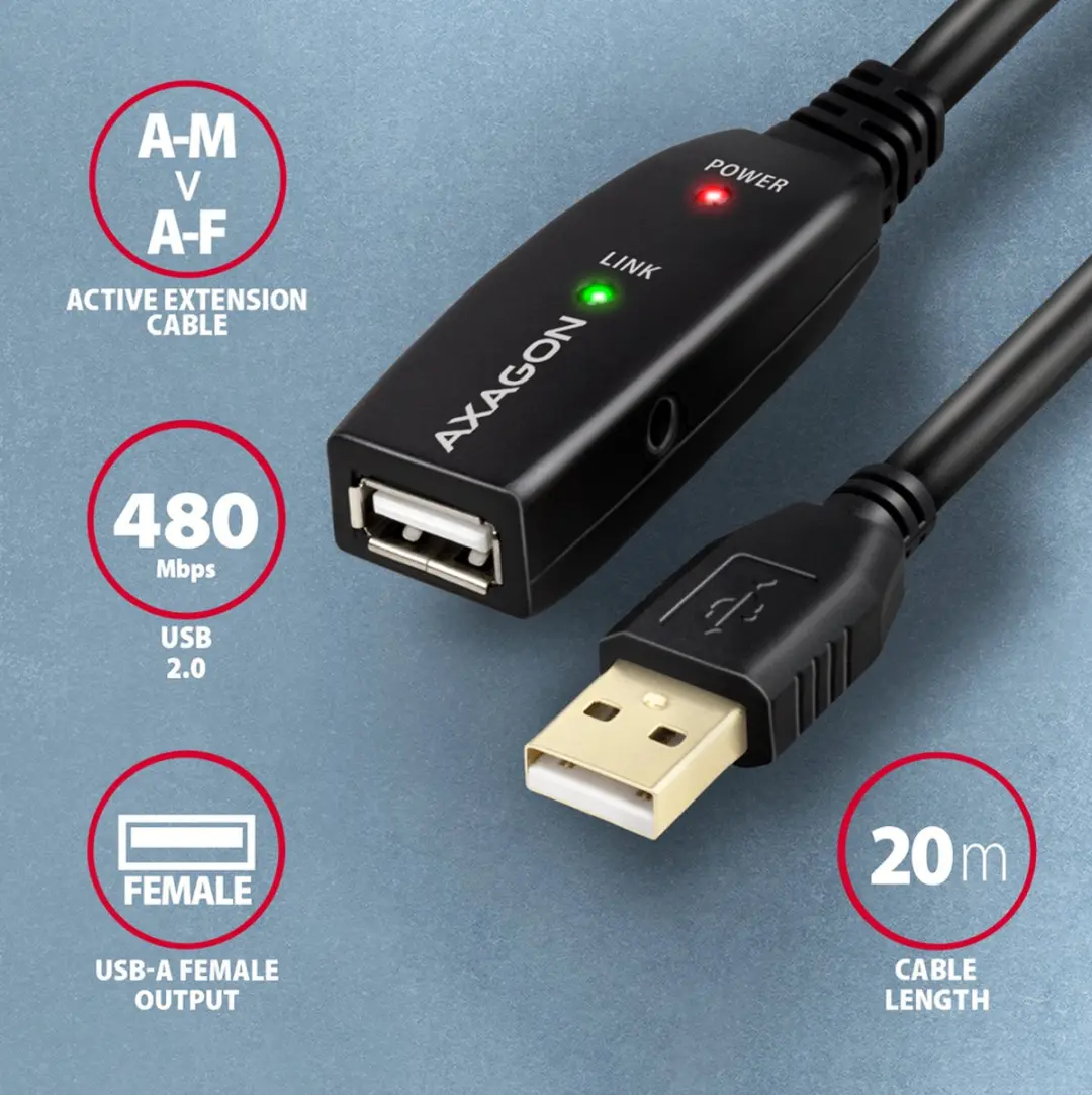 Axagon ADR-220 USB-kabel 20m - USB-A naar USB-A - Zwart