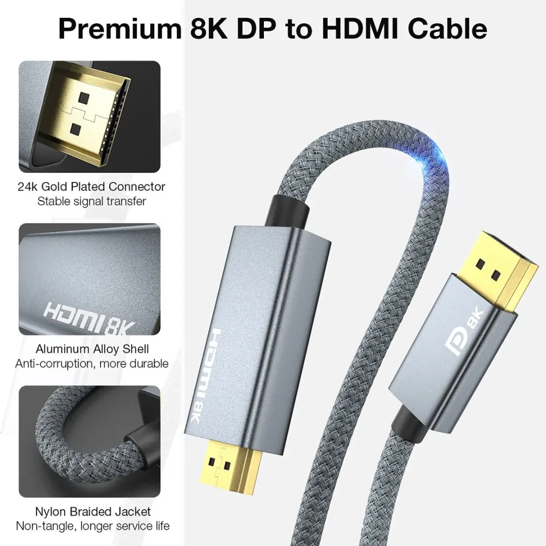 NÖRDIC DPHM-200 DisplayPort naar HDMI 2.1 Kabel - 8K60Hz - Grijs