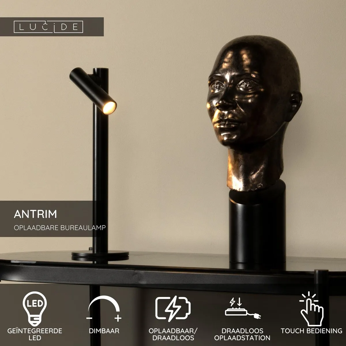 Lucide ANTRIM Oplaadbare Bureaulamp - 2x2,2W 2700K IP54 - Zwart