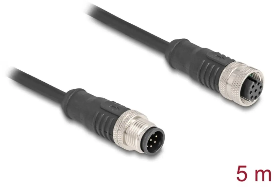 Delock M12 8-pins A-gecodeerde Netwerkverlengkabel CAT5e 5m - Zwart