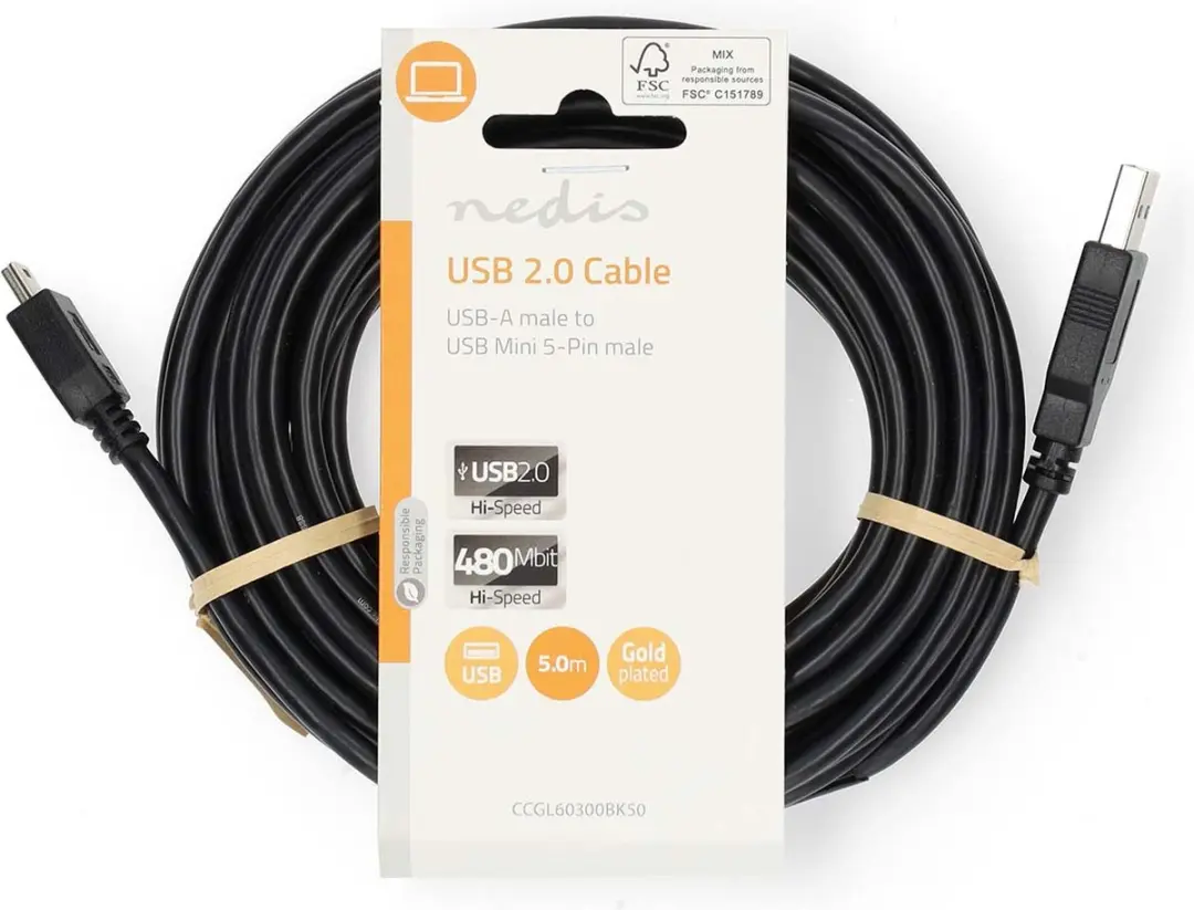 Nedis USB 2.0 A naar Mini-B Kabel 5m - Zwart