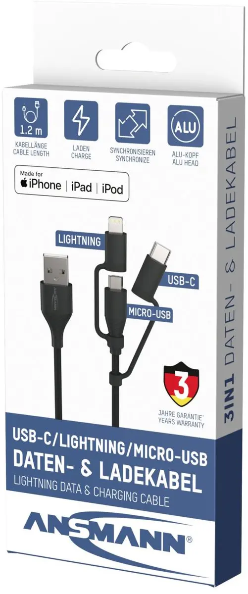 Ansmann USB 3-in-1 Data- en Laadkabel 120cm - Meerkleurig