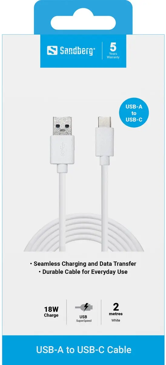 Sandberg 136-14 USB-C naar USB-A 3.0 Kabel 2M - Wit