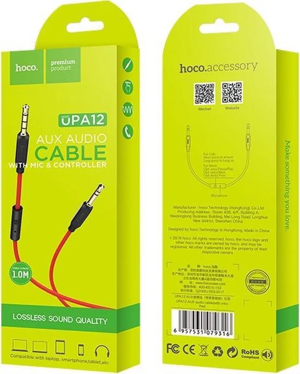 Hoco UPA12 AUX Audiokabel 3,5mm - Microfoon - 1m - Rood