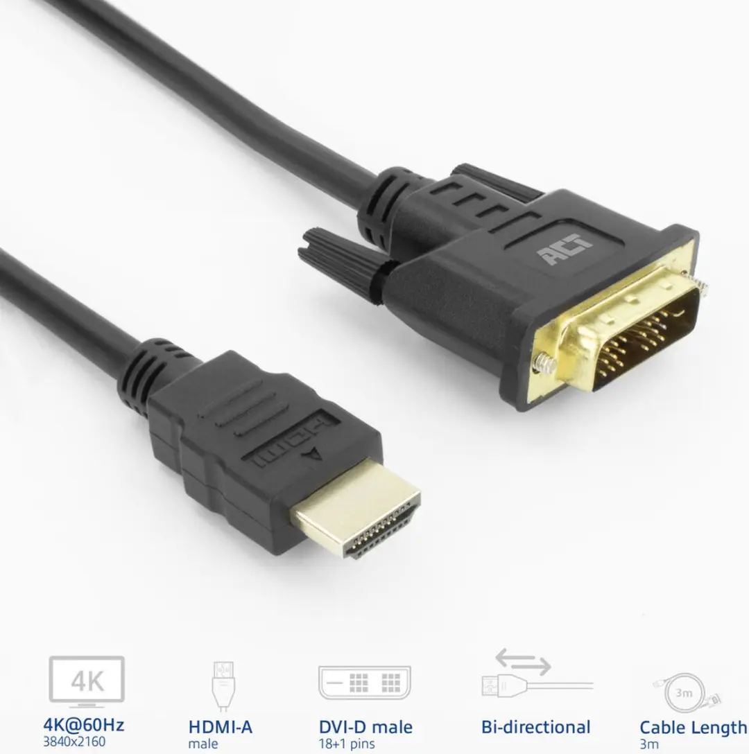 ACT HDMI naar DVI-D Adapterkabel AK3736 - 3m - Zwart