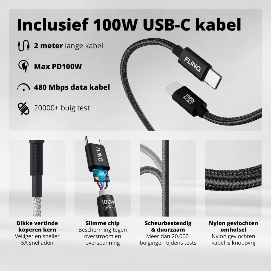 FlinQ FQ-CC100W USB-C Oplaadset 100W - 2m Nylon Kabel - afbeelding 6 van 6