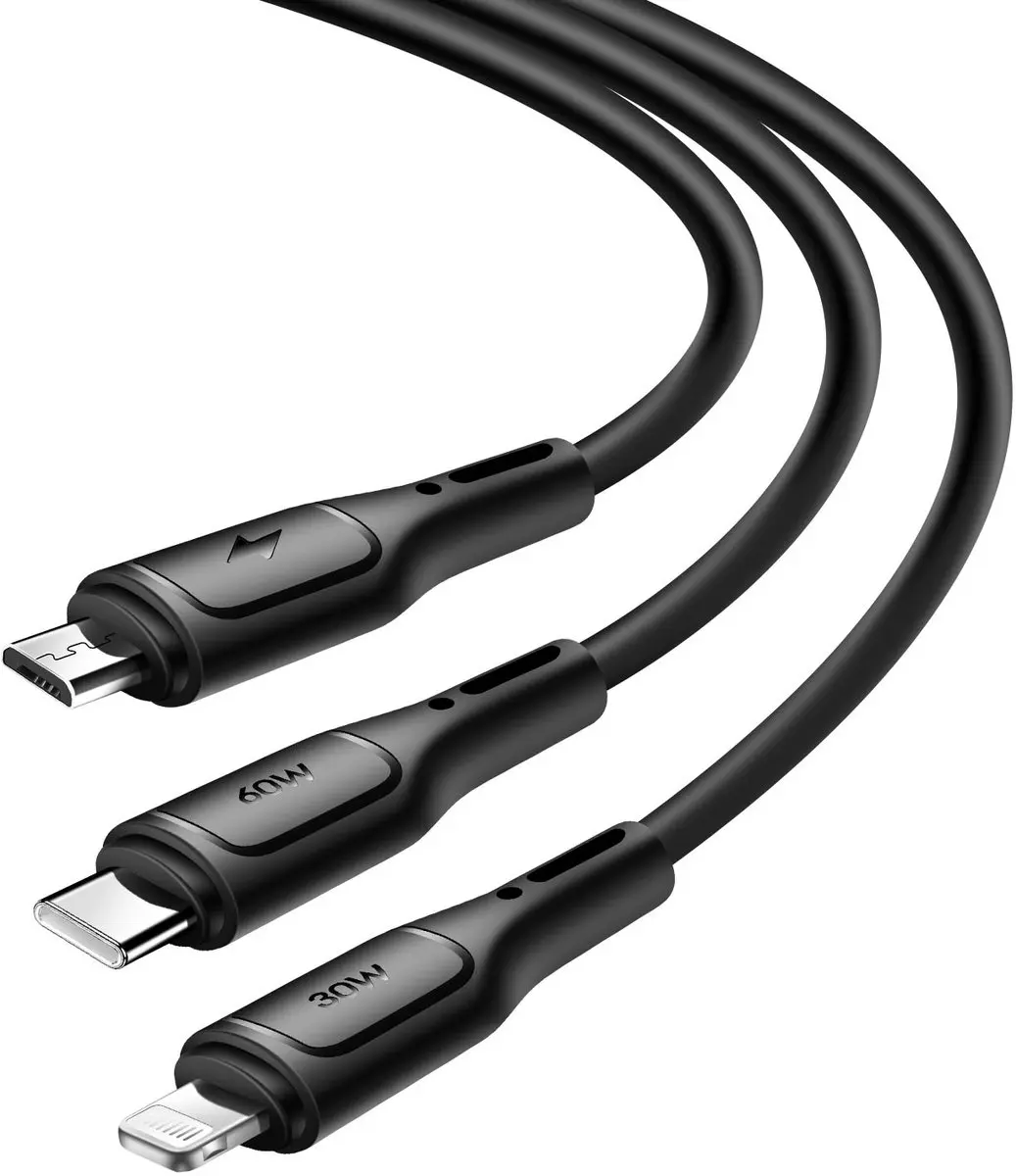 WiWu 3-in-1 Kabel Micro/USB-C/Lightning 60W - 1m - Zwart