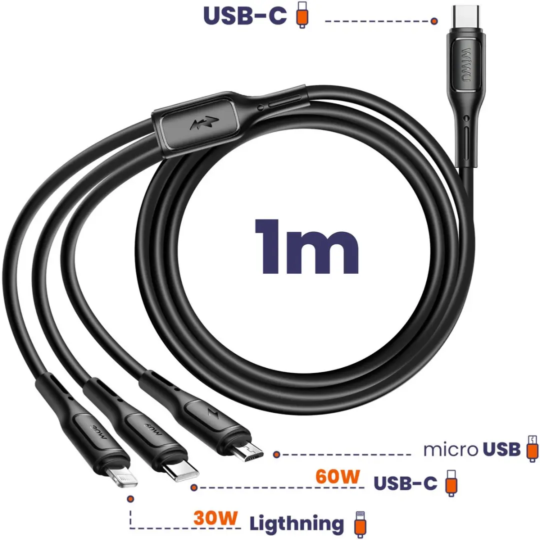 WiWu 3-in-1 Kabel Micro/USB-C/Lightning 60W - 1m - Zwart