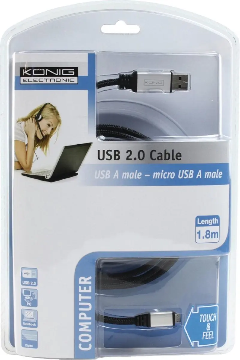 Konig USB 2.0 Kabel A Male - Micro USB A Male 1.8m - Zwart