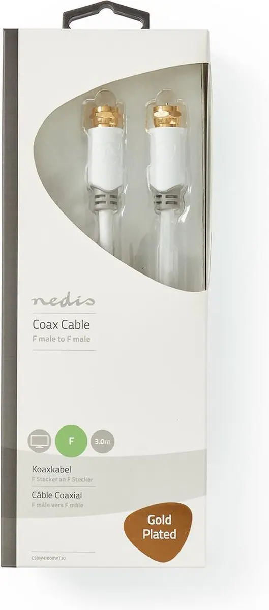 Nedis F-Male Antennekabel 75 Ohm 3m - Verguld - Wit