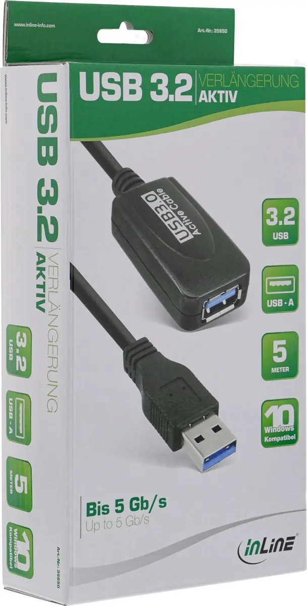 InLine USB3.0 Verlengkabel 5m - 0,9A - Zwart