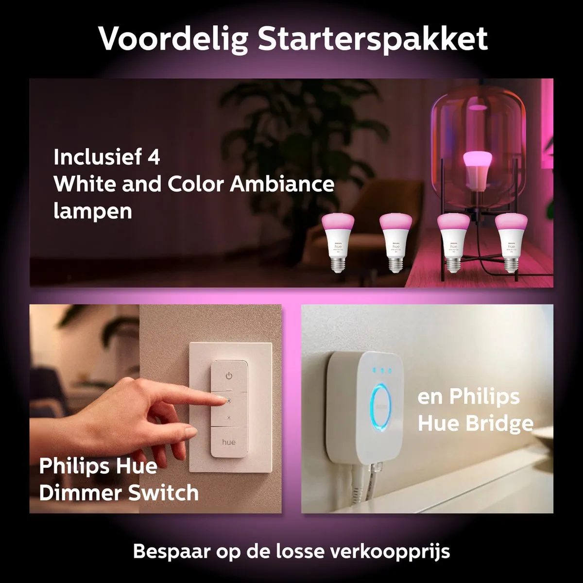 Philips Hue Starterspakket Wit & Kleur - 4x E27 9W