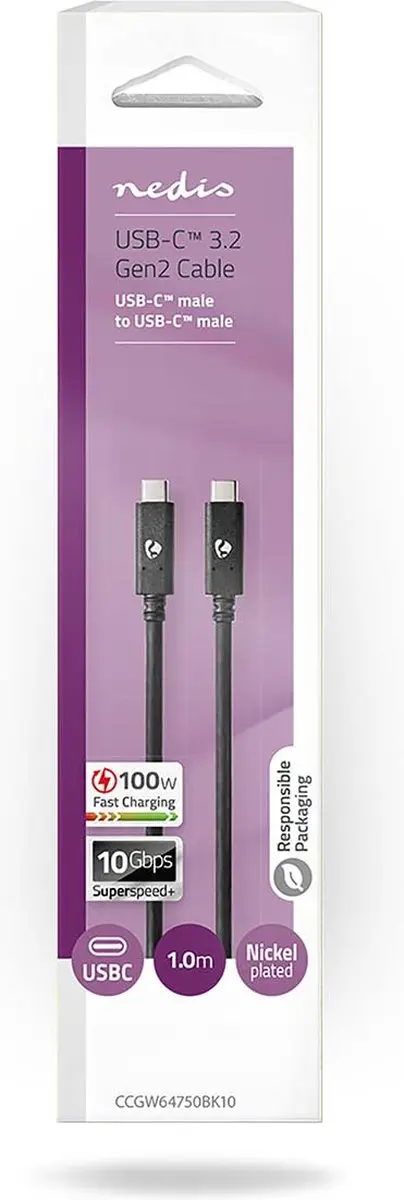 Nedis USB-C Kabel CCGW64750BK10 - 1m - 100W - 4K@60Hz - Zwart
