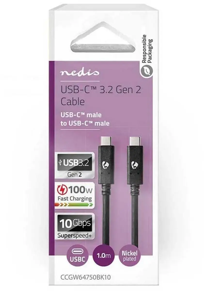 Nedis USB-C Kabel CCGW64750BK10 - 1m - 100W - 4K@60Hz - Zwart