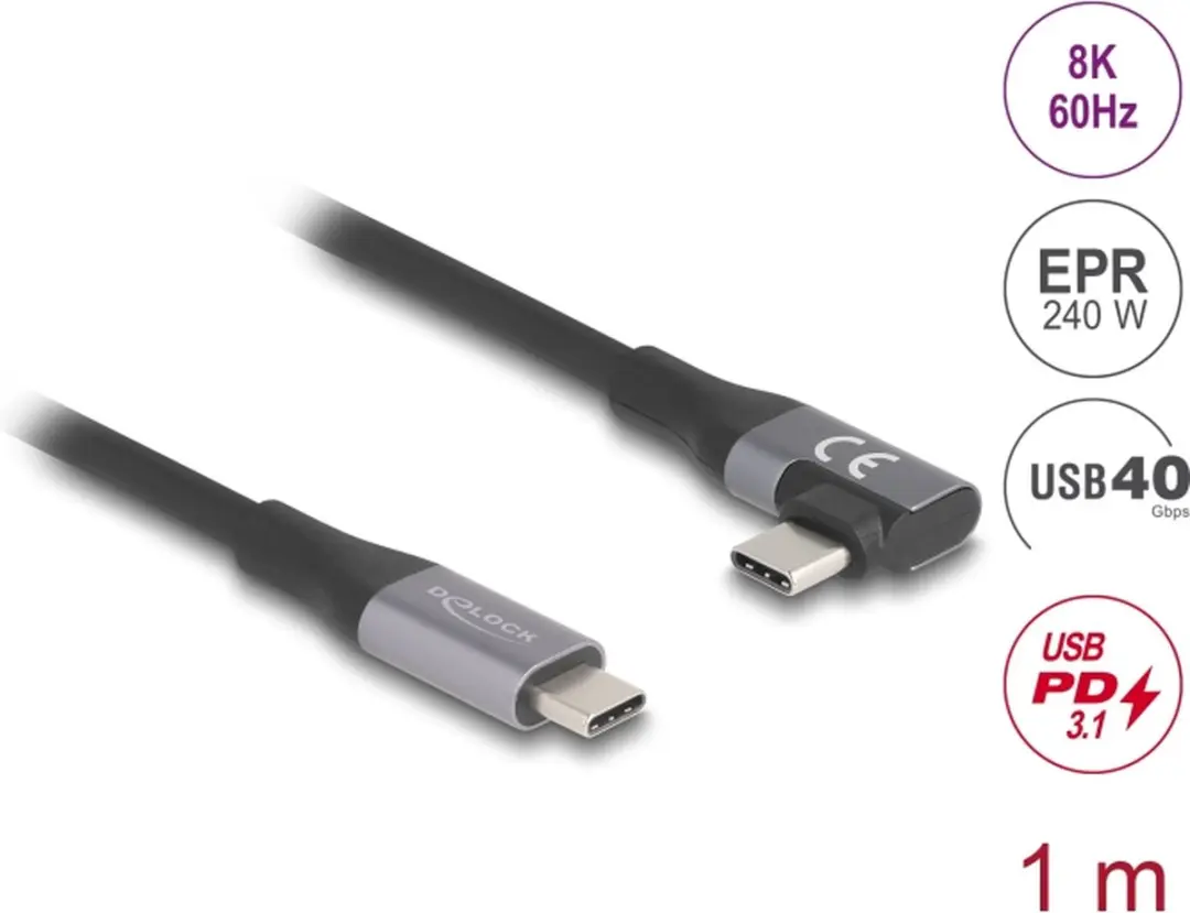 Delock USB4 USB-C Kabel 40Gbps 240W 8K60 1m - Zwart