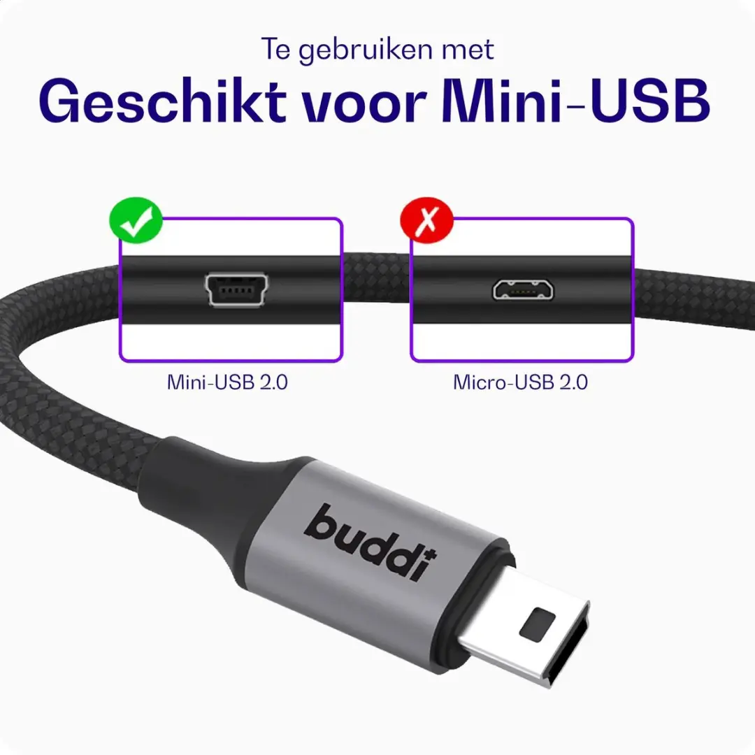 Buddi Flex USB-A naar Mini-USB Kabel 12W 30cm - Zwart