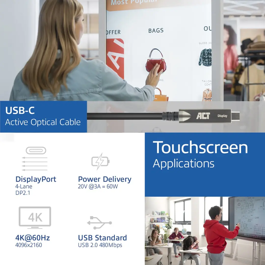 ACT AK4327 USB-C 3.2 Gen2 Actieve Optische Kabel 7.5m - Zwart