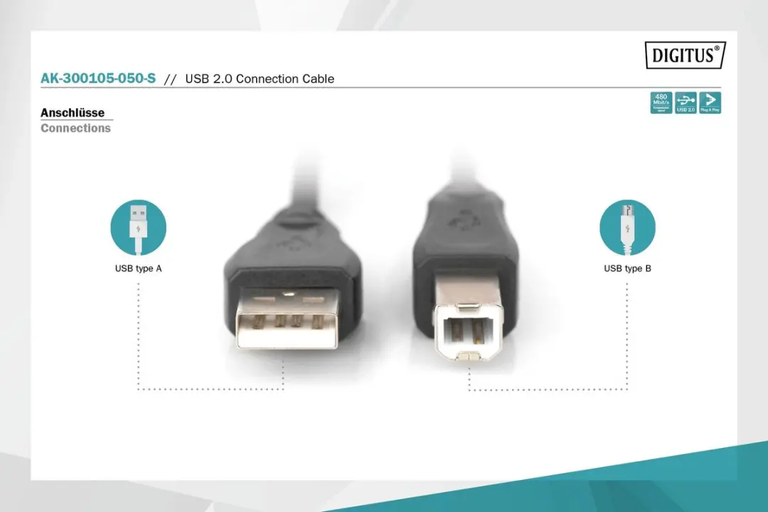 Digitus USB 2.0 A Male naar B Male Kabel 5m - Zwart