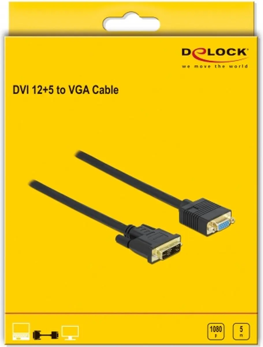 Delock DVI 12+5 naar VGA Kabel - 5m - Zwart