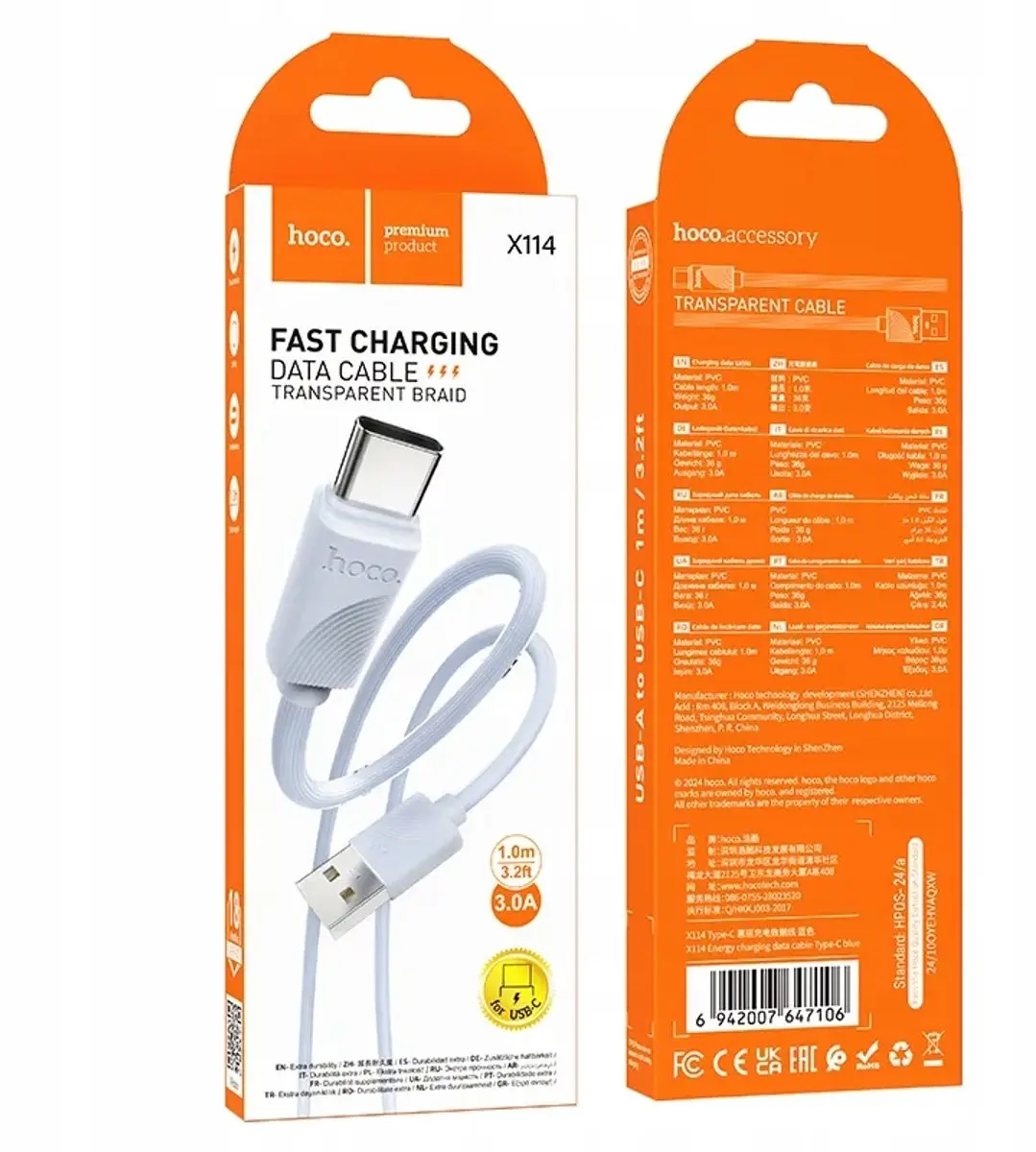 Hoco USB-A naar USB-C Kabel 1m - 3A Snelladen & Data - Wit