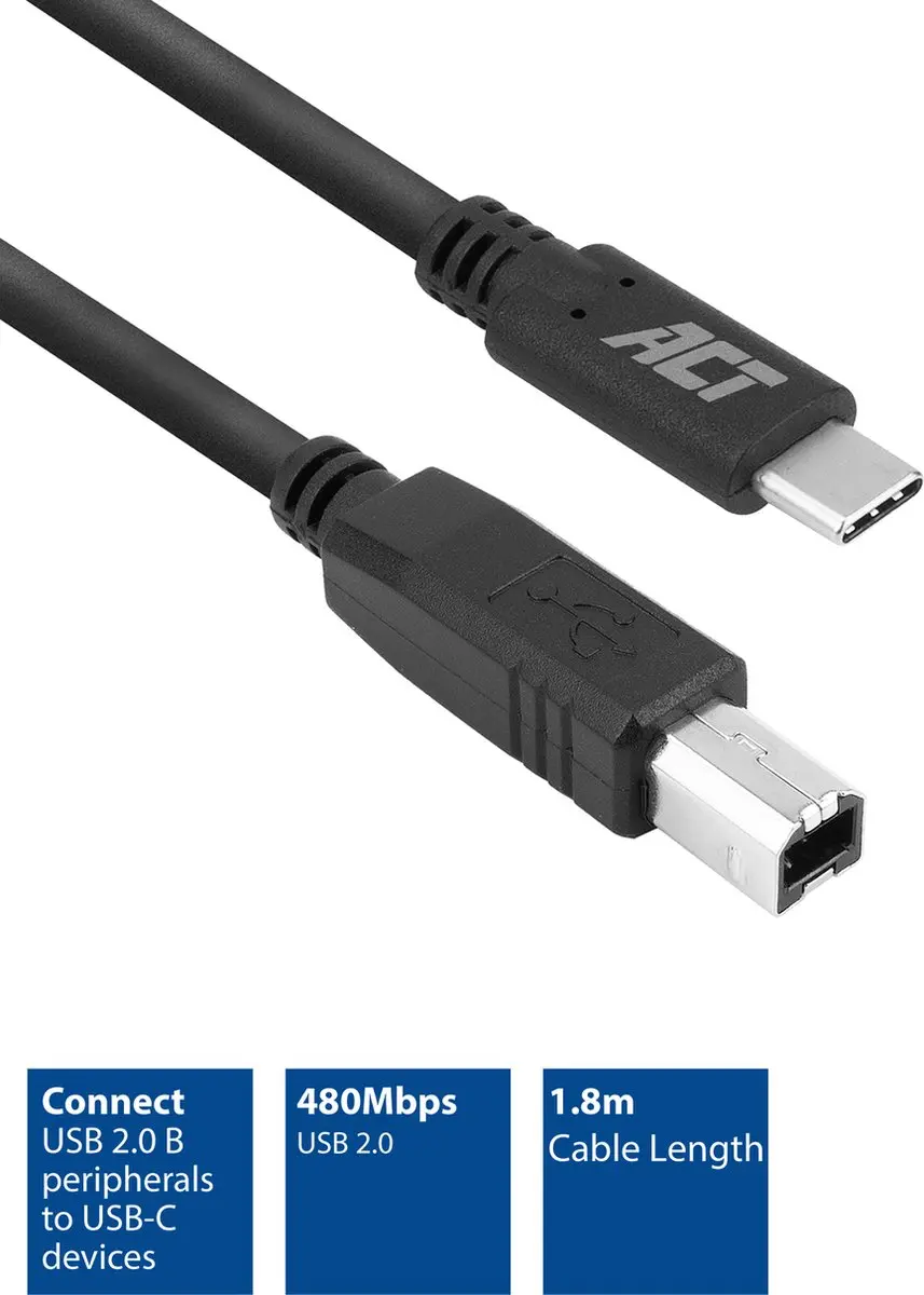 ACT USB-C naar USB-B Kabel SB0013 - 1,8m - Zwart