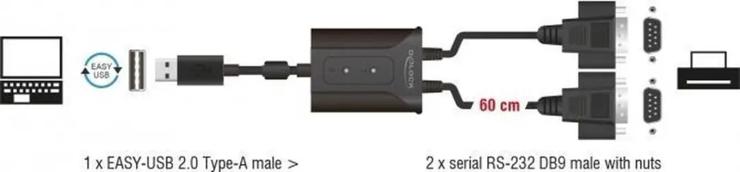 Delock Easy-USB-A naar 2x RS232 SUB-D Adapter - 0,6m - Zwart