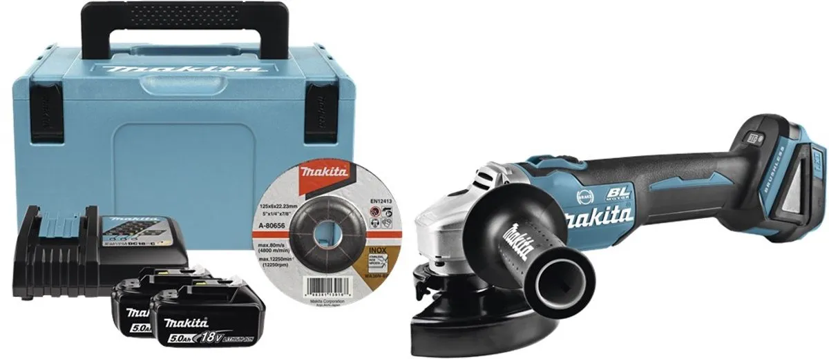 Makita DGA506RTJ Haakse Slijper 18V - 2x 5,0Ah Accu