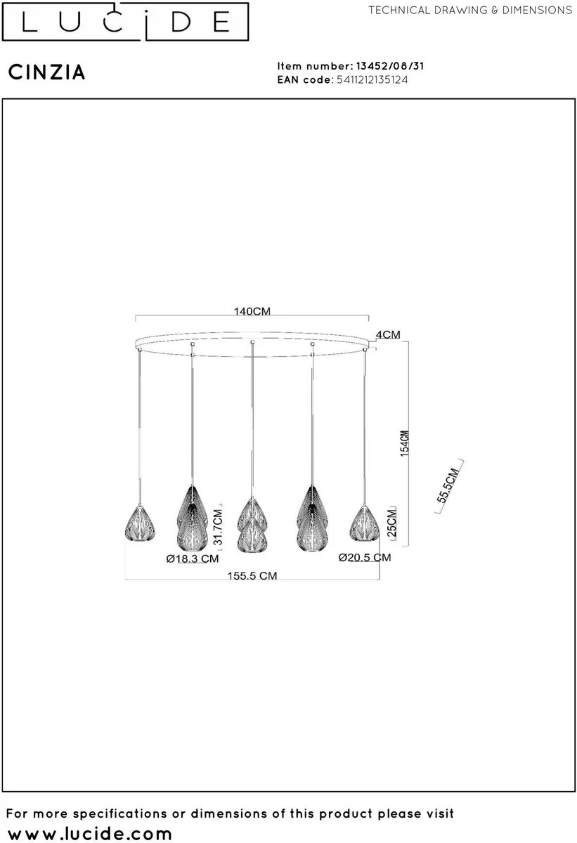 Lucide Cinzia Hanglamp 8xE27 - Wit