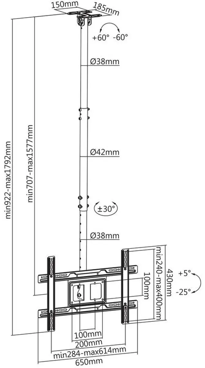 SpeaKa Professional SP-TVCM-540 TV-plafondbeugel 94-203cm - Zwart