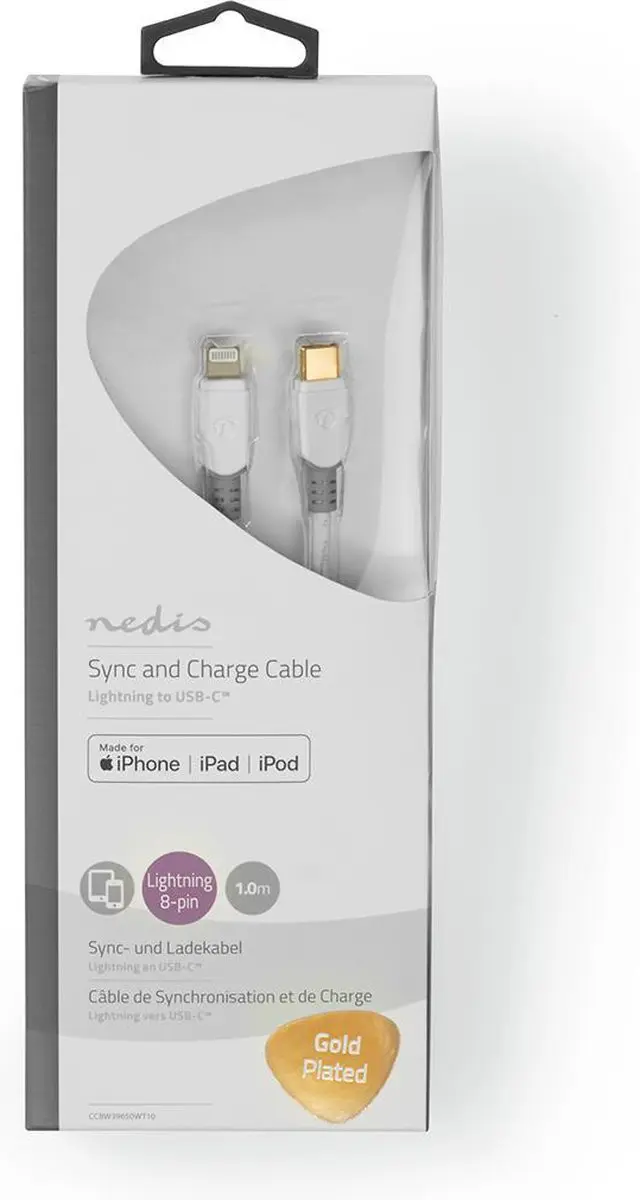 Nedis Lightning Kabel USB-C 8-Pins 1m - Verguld - Wit