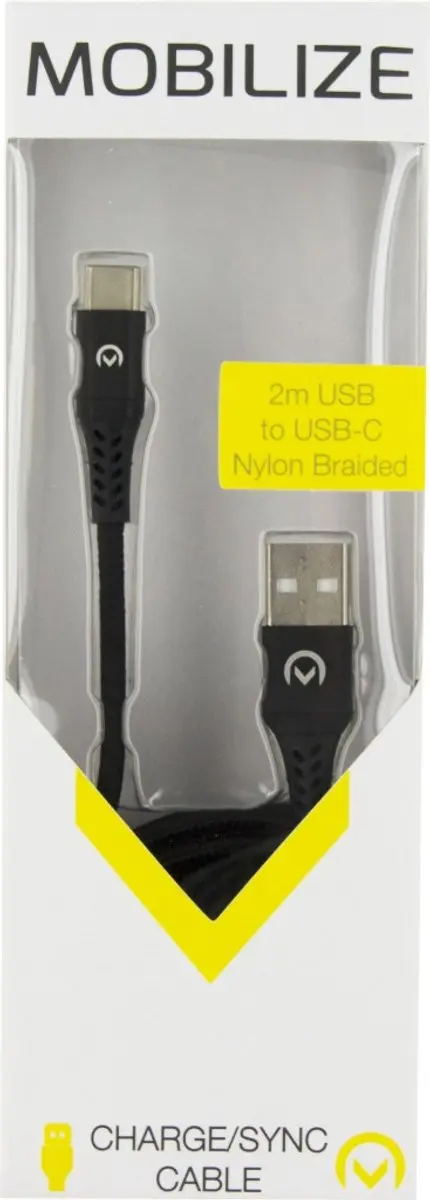 Mobilize USB-C naar USB-A Kabel 2m - Gevlochten - Zwart