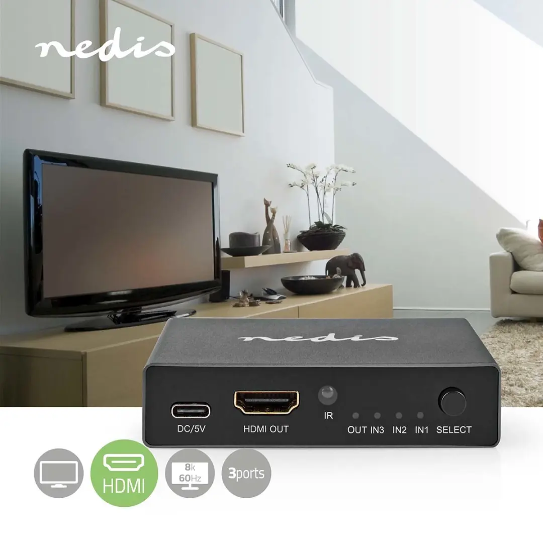 Nedis HDMI-Switch VSWI3493AT 3 Poorten - 8K@60Hz - Antraciet