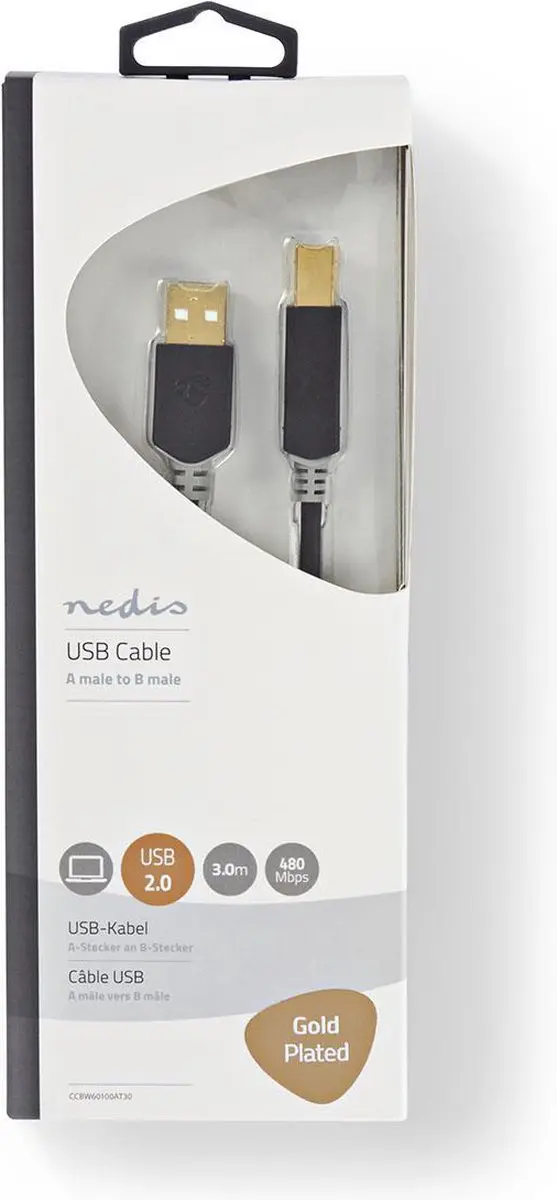 Nedis USB 2.0 A-B Kabel 3m - Verguld - Antraciet