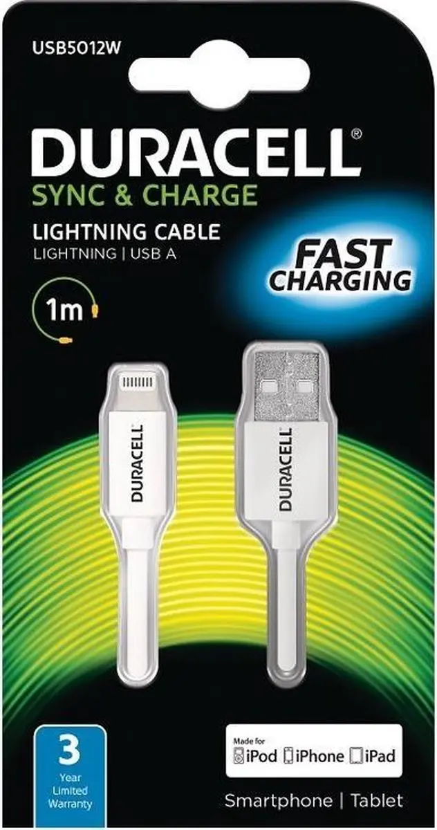 Duracell USB 2.0 A Male naar Apple Lightning 1m - Wit